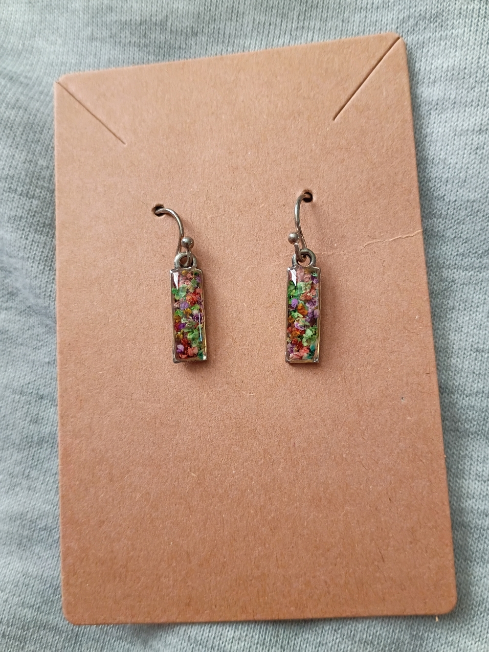 Handmade Crushed Multi-Color Floral Resin Bar Drop Earrings.